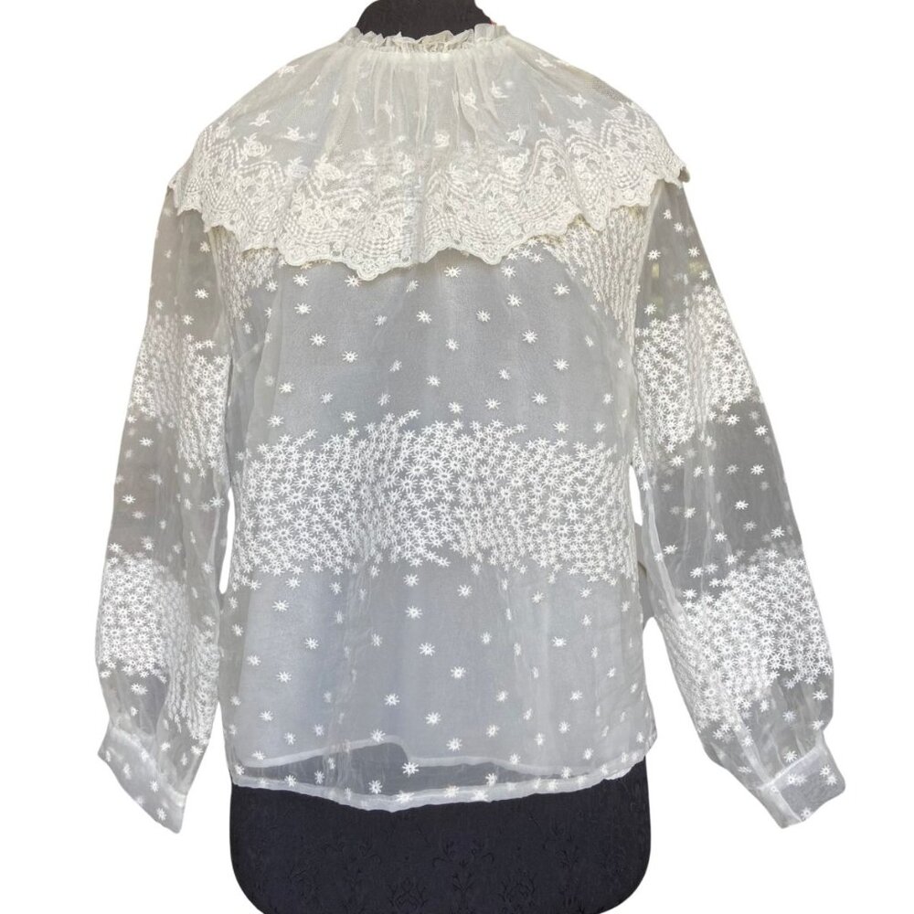 ZARA Sheer White Lace Long Sleeve Ruffle Bib Embroidered Top Women's XS